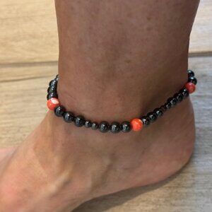 Hematite Anklet with Orange and white beads